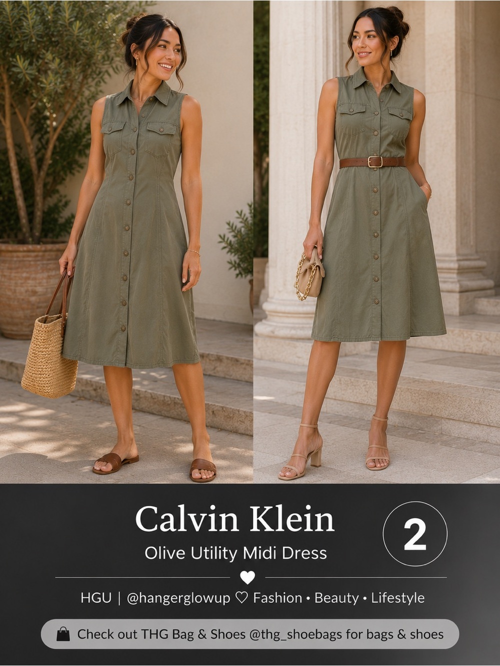 Calvin Klein Olive Utility Dress Sleeveless Button Front Midi Flowy NWT